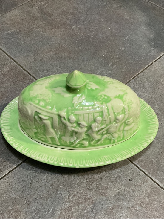 Other - Green Ceramic Covered Butter Dish with Figurative Relief